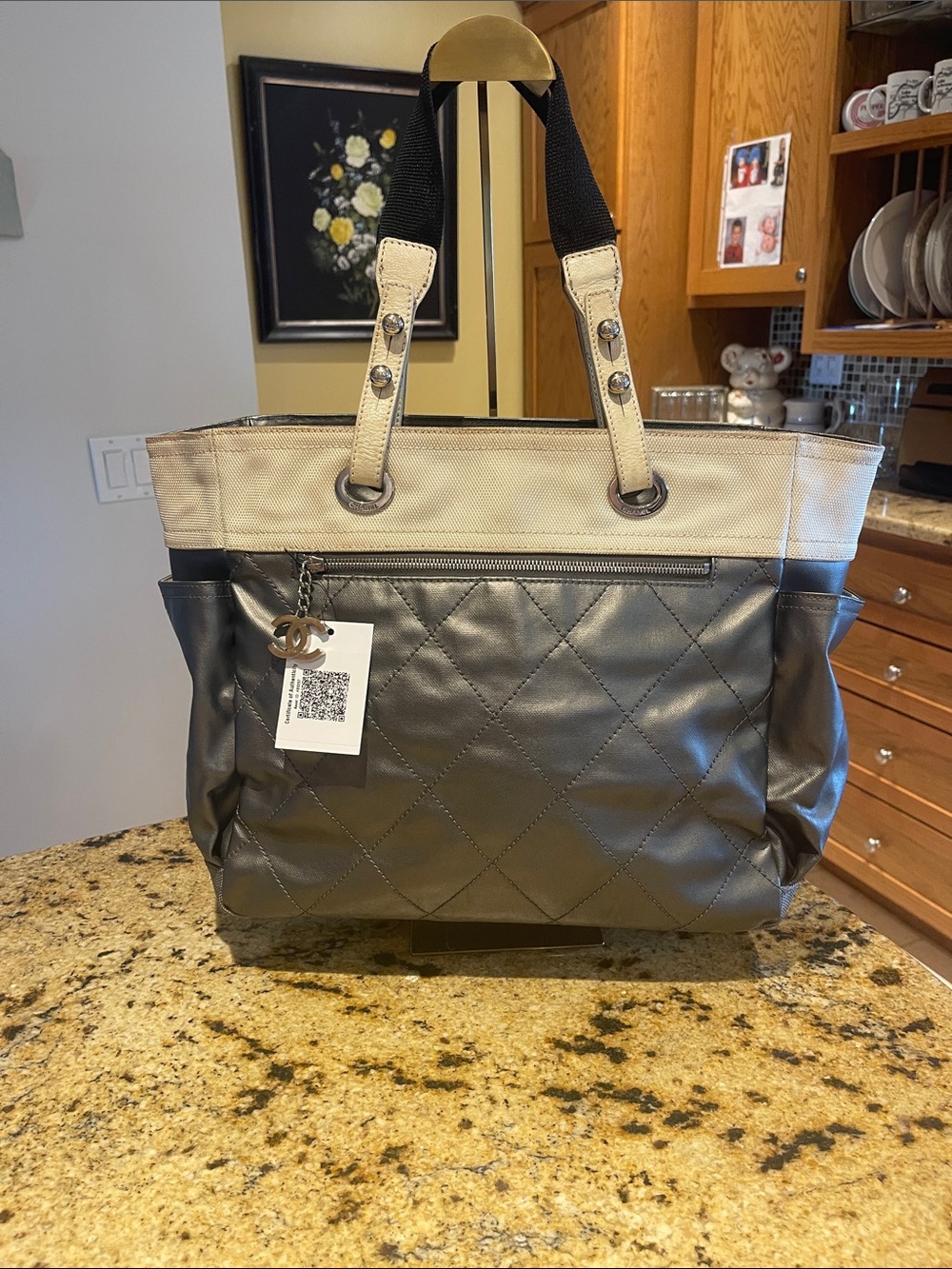 CHANEL Quilted Leather and Canvas Tote - dark gray and Cream